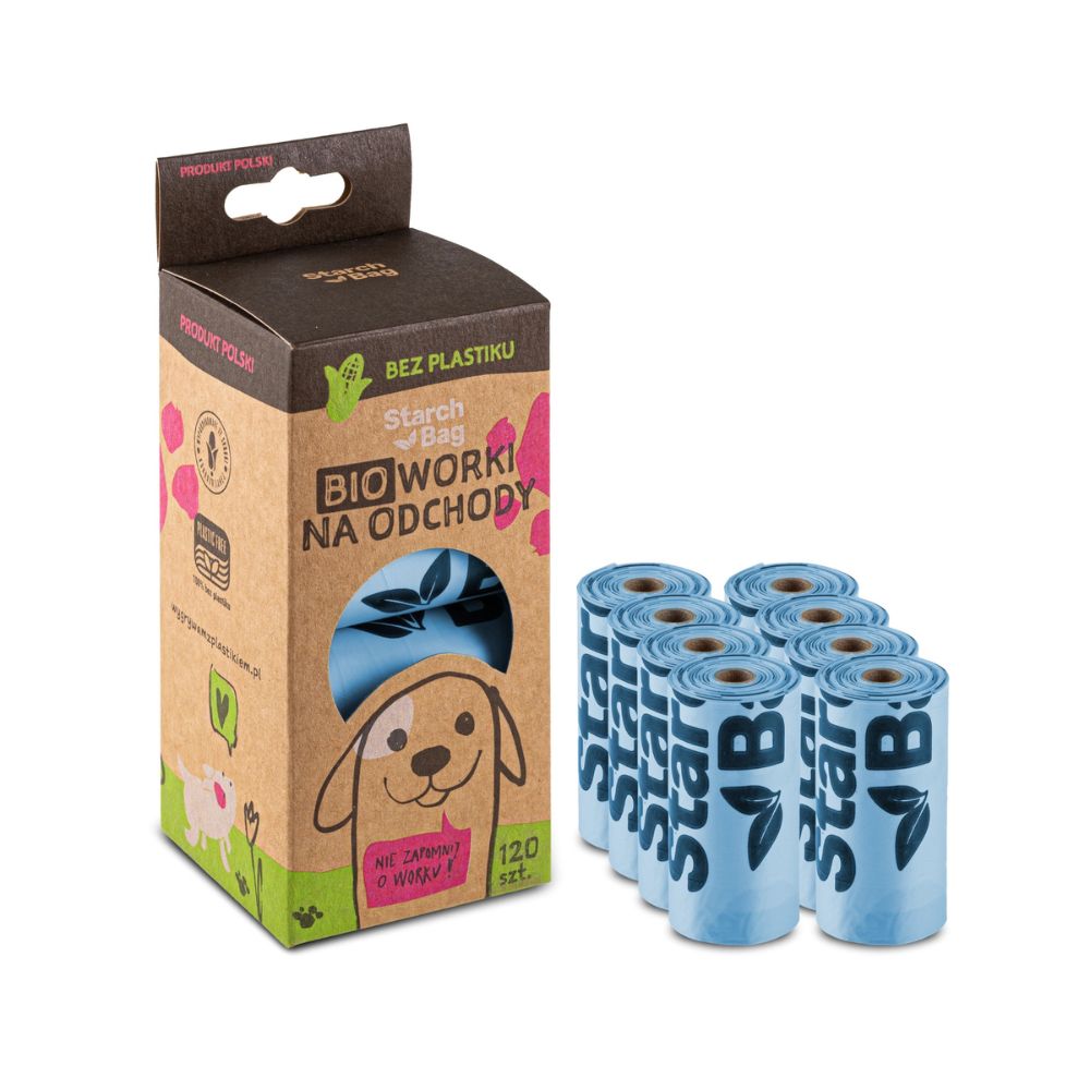 STARCHBAG Kompostowalne BIOworki na odchody – 8 rolek x 15 szt. (120 szt.) – błękit