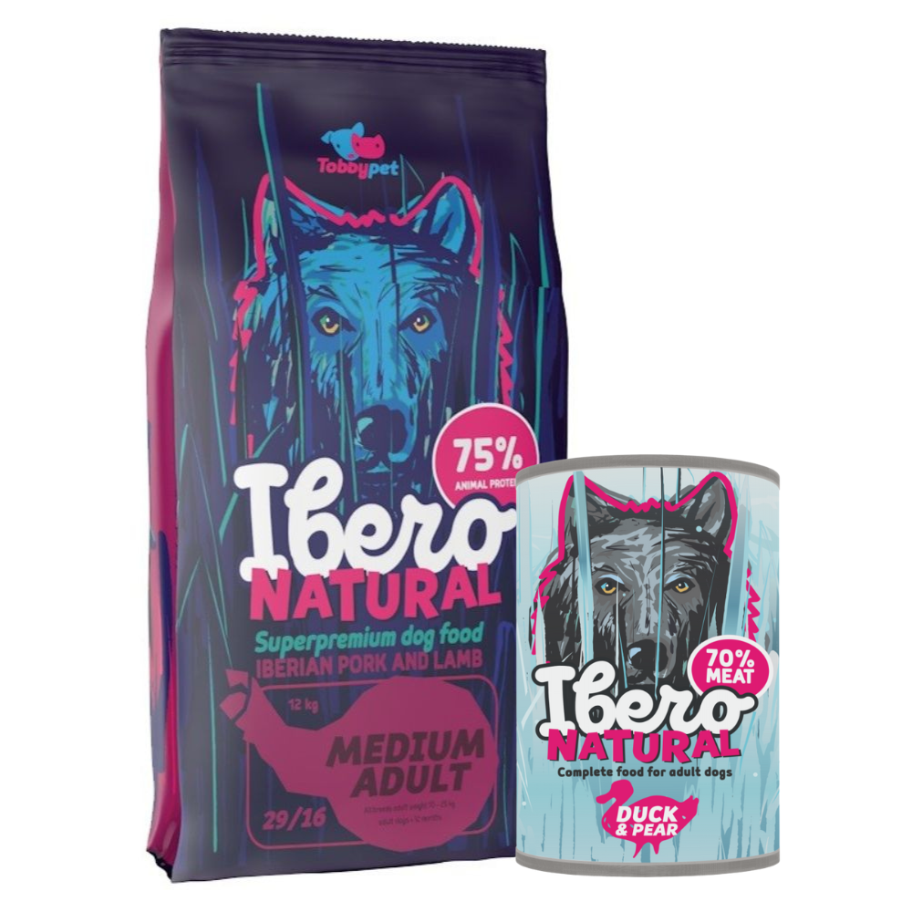 Pakiet dla dorosłych psów średnich ras: Ibero Natural Medium Adult + Ibero Complete Low Grain Duck & Pear