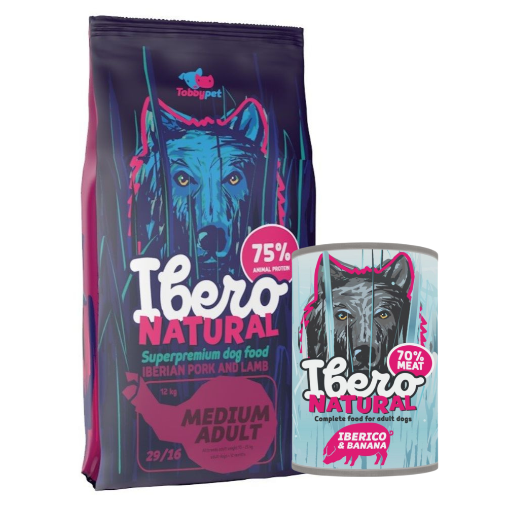 Pakiet dla dorosłych psów średnich ras: Ibero Natural Medium Adult + Ibero Complete Grain Free Iberico & Banana