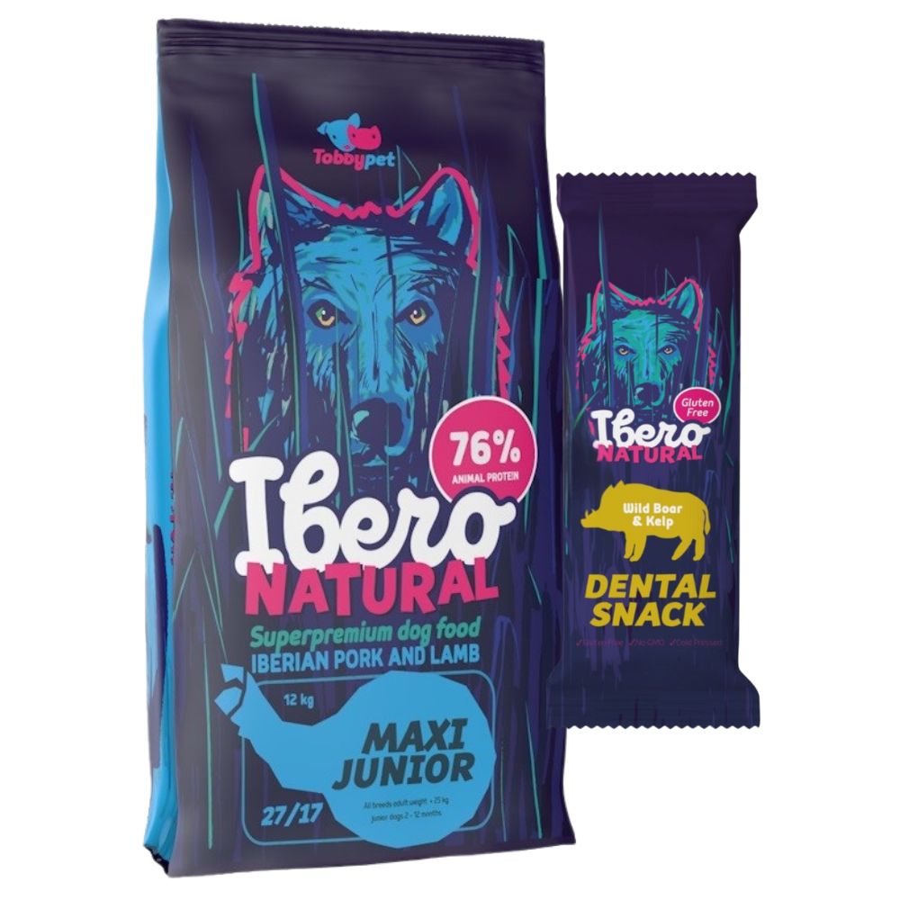 Pakiet dla szczeniąt ras dużych: Ibero Natural Maxi Junior + Przysmak dentystyczny z dzikiem i algami
