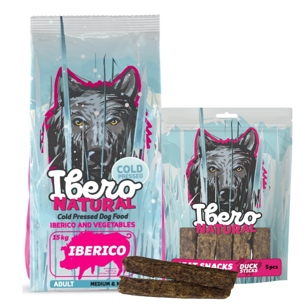 Pakiet dla dorosłych psów ras średnich i dużych: Ibero Cold Press Adult Medium/Large Iberico + Mięsny przysmak z kolagenem