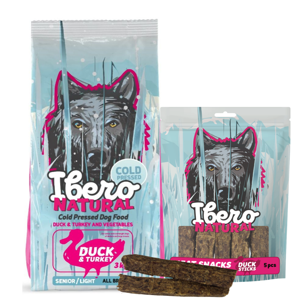 Pakiet dla psów starszych i z nadwagą: Ibero Cold Press Senior Duck/Turkey + Mięsny przysmak z kolagenem