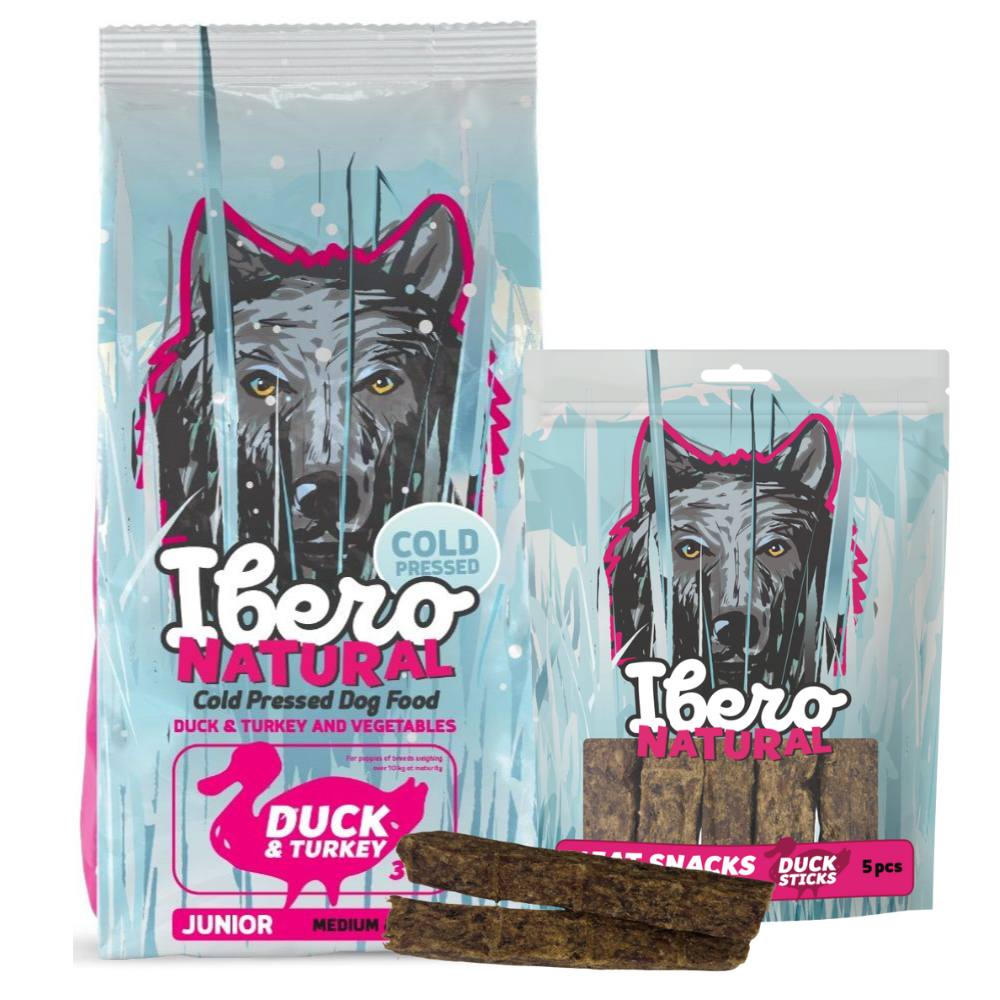 Pakiet dla szczeniąt ras średnich i dużych: Ibero Cold Press Junior + Mięsny Przysmak z Kolagenem