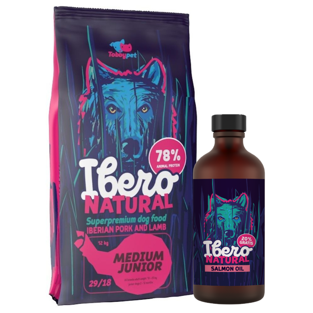 Pakiet dla szczeniąt ras średnich: Ibero Medium Junior + Olej z łososia Ibero Natural