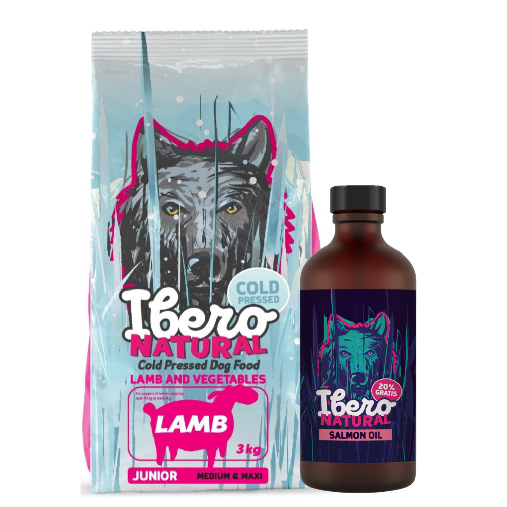 Pakiet dla szczeniąt ras średnich i dużych: Ibero Cold Press Junior Medium/Large Lamb + Olej z łososia Ibero Natural