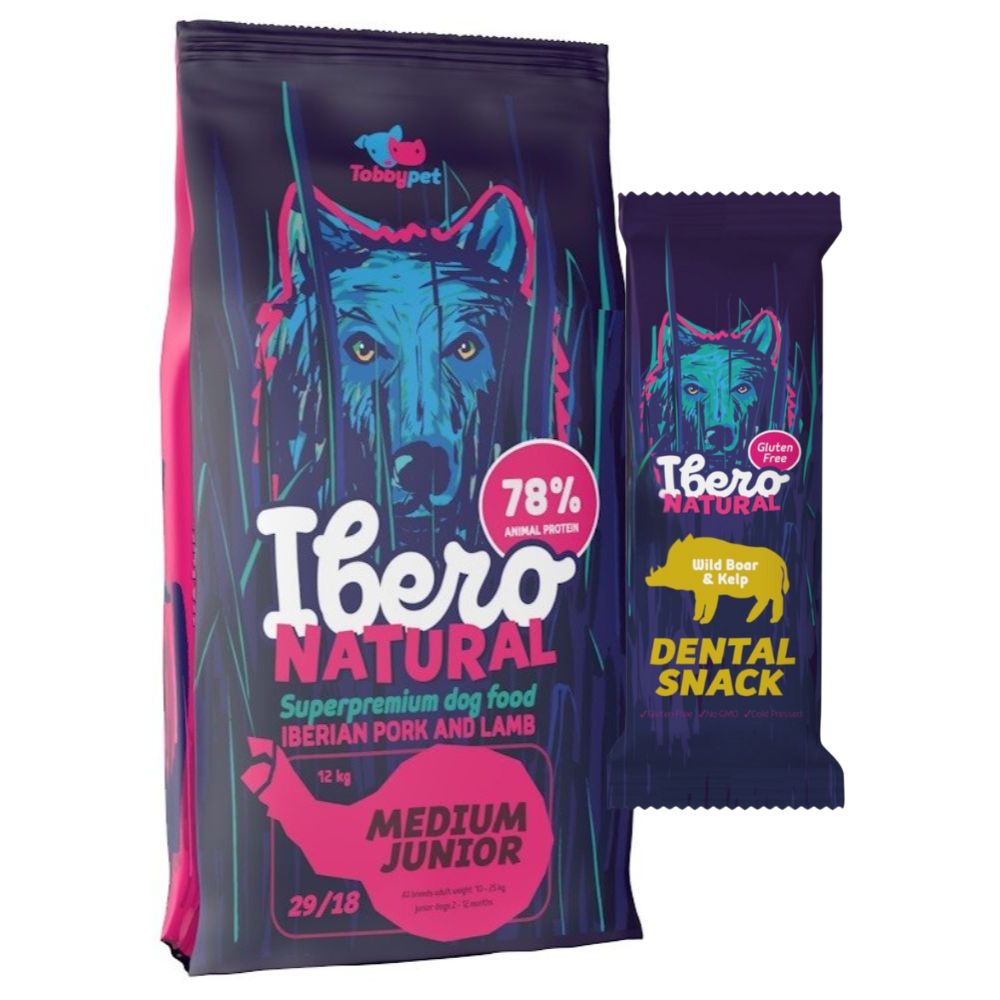 Pakiet dla szczeniąt ras średnich: Ibero Natural Medium Junior + Przysmak dentystyczny z dzikiem i algami