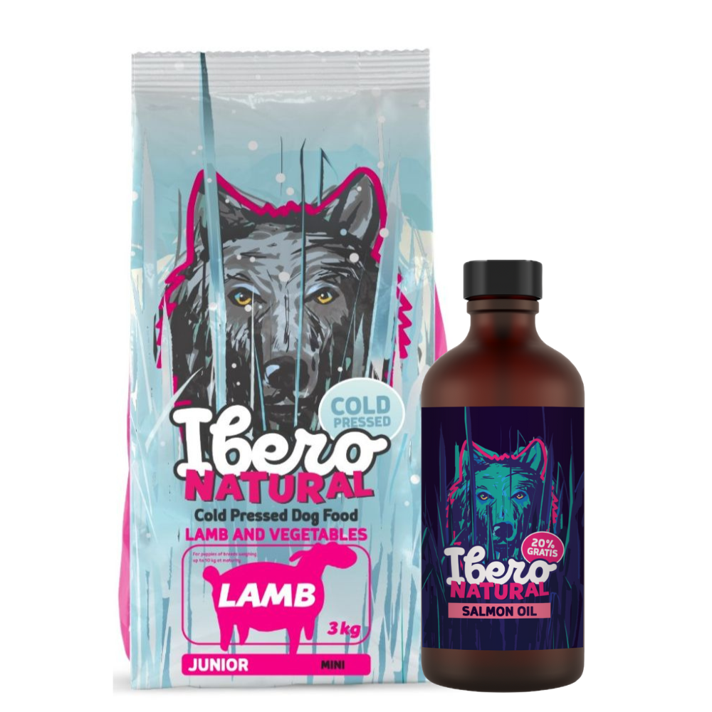 Pakiet dla szczeniąt ras małych: Ibero Cold Press Junior Mini Lamb + Olej z łososia Ibero Natural