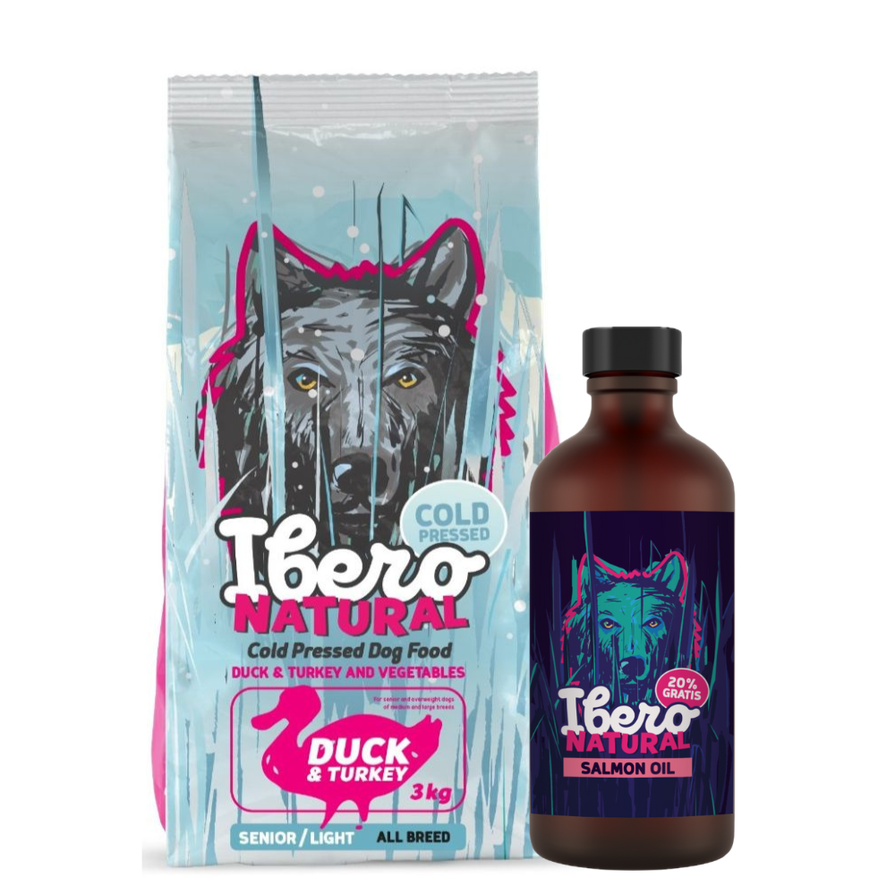 Pakiet dla psów starszych i z nadwagą: Ibero Cold Press Senior Duck & Turkey + Olej z łososia Ibero Natural