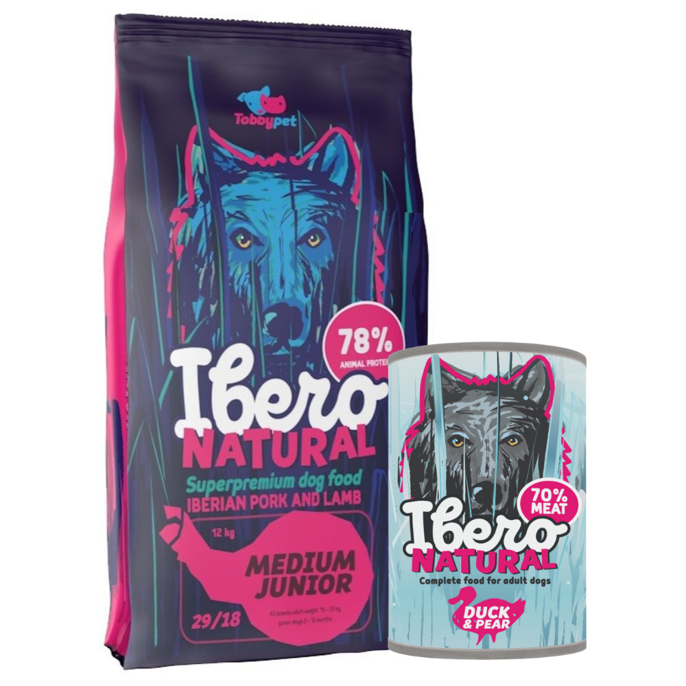 Pakiet dla szczeniąt ras średnich: Ibero Natural Medium Junior + Ibero Complete Low Grain Duck & Pear