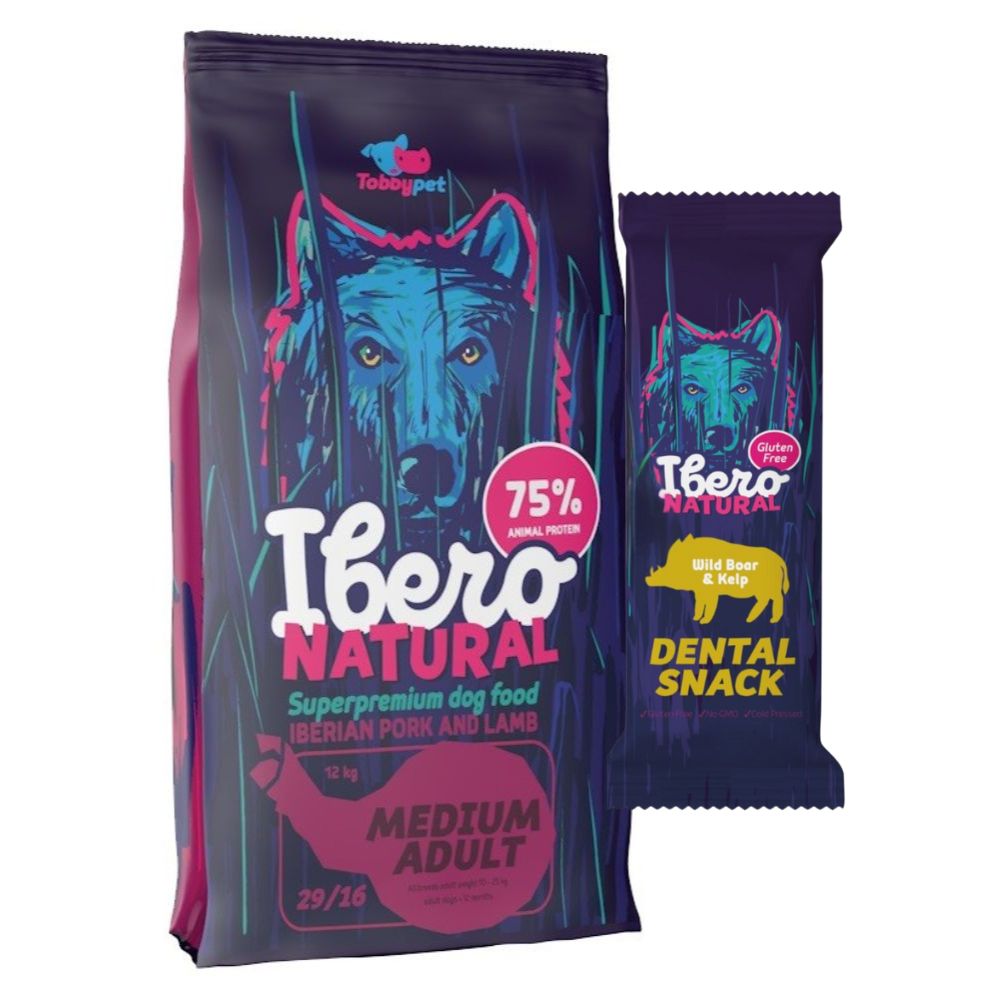 Pakiet dla psów dorosłych ras średnich: Ibero Natural Medium Adult + Przysmak dentystyczny z dzikiem i algami