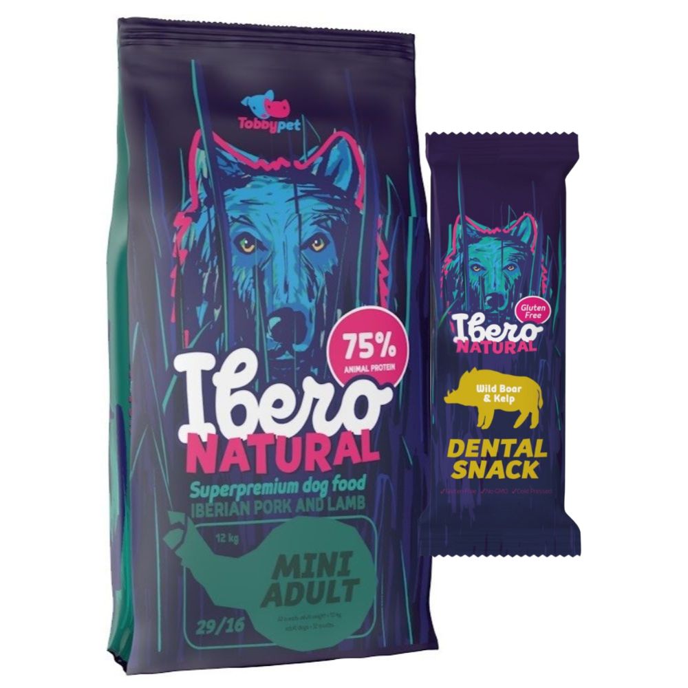Pakiet dla psów dorosłych ras małych: Ibero Natural Mini Adult + Przysmak dentystyczny z dzikiem i algami