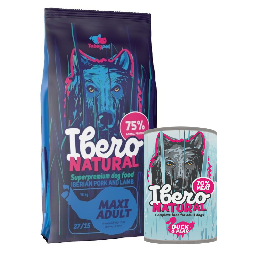 Pakiet dla dorosłych psów ras dużych: Ibero Natural Maxi Adult + Ibero Complete Low Grain Duck & Pear