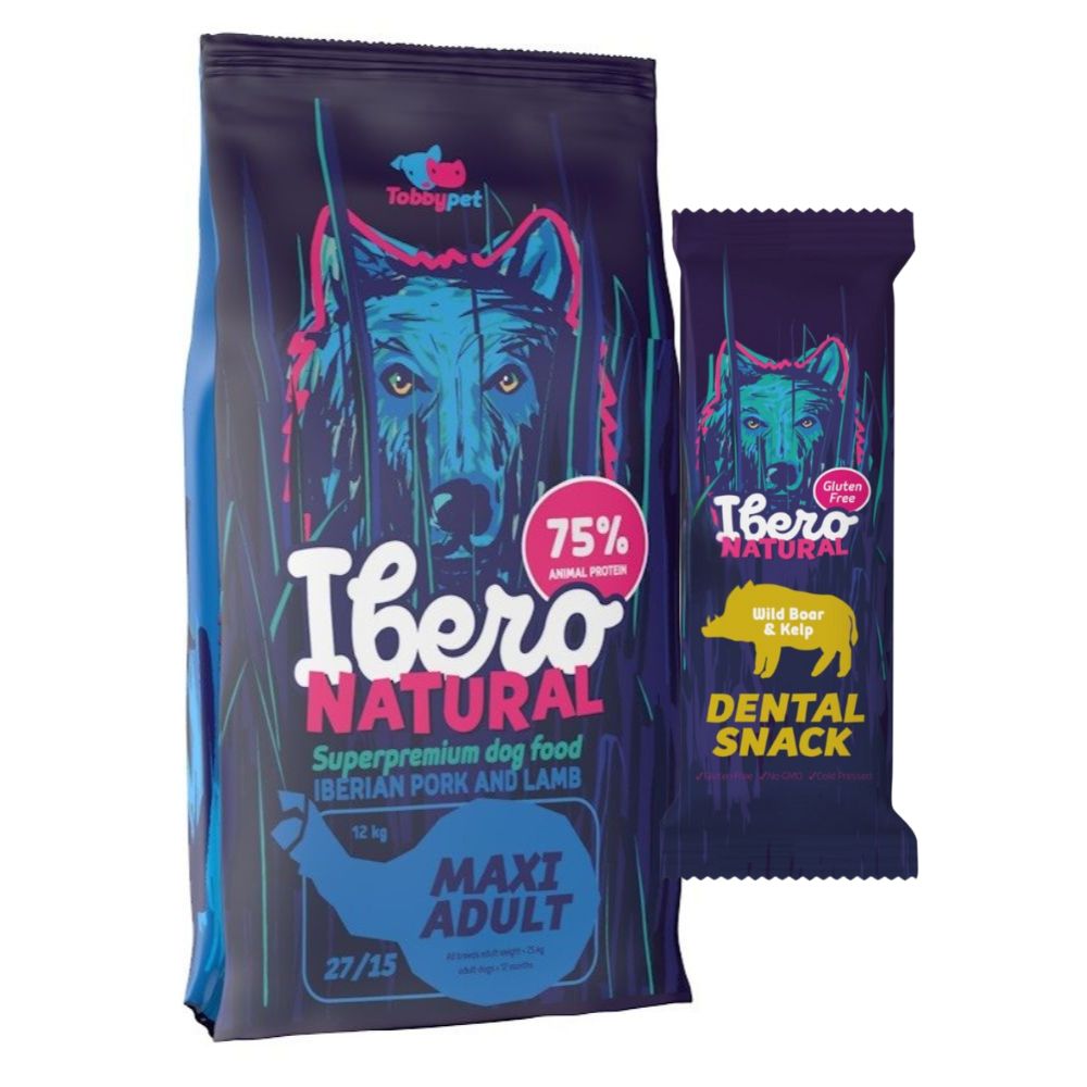 Pakiet dla psów dorosłych ras dużych: Ibero Natural Maxi Adult + Przysmak dentystyczny z dzikiem i algami