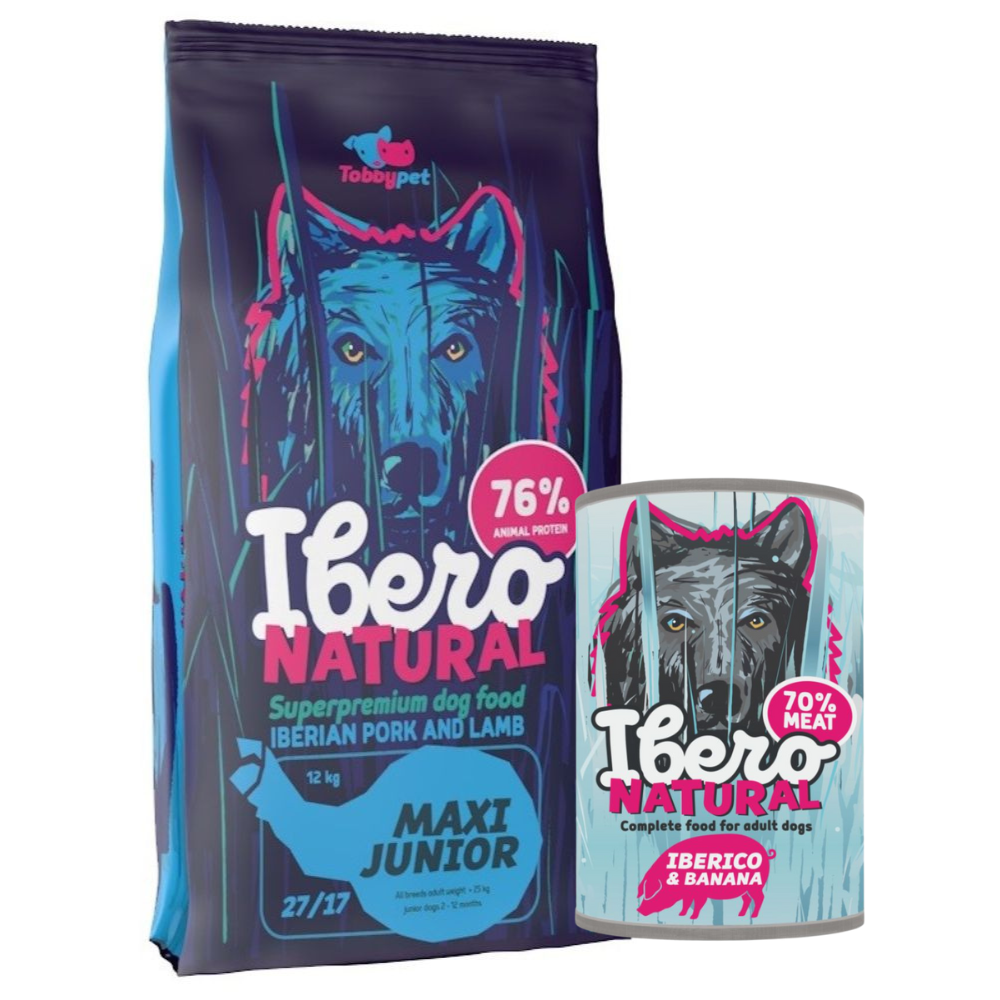 Pakiet dla szczeniąt ras dużych i olbrzymich: Ibero Natural Maxi Junior + Ibero Complete Grain Free Iberico & Banana 400 g