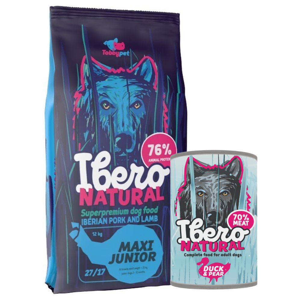 Pakiet dla szczeniąt ras dużych i olbrzymich: Ibero Natural Maxi Junior + Ibero Complete Low Grain Duck & Pear
