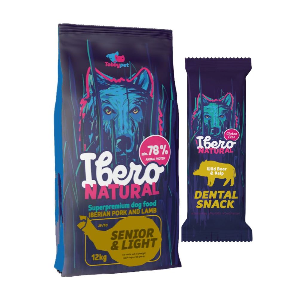 Pakiet dla psów starszych i z nadwagą: Ibero Natural Senior&Light + Przysmak dentystyczny z dzikiem i algami