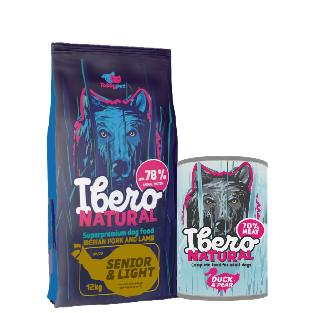 Pakiet dla psów starszych i z nadwagą: Ibero Natural Dog Senior&Light + Ibero Complete Low Grain Duck & Pear