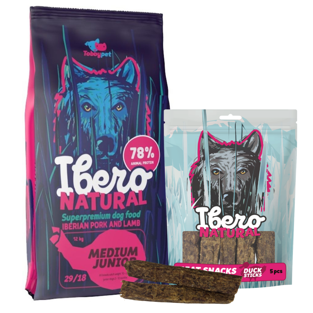 Pakiet dla szczeniąt ras średnich: Ibero Medium Junior + Mięsny przysmak z kolagenem