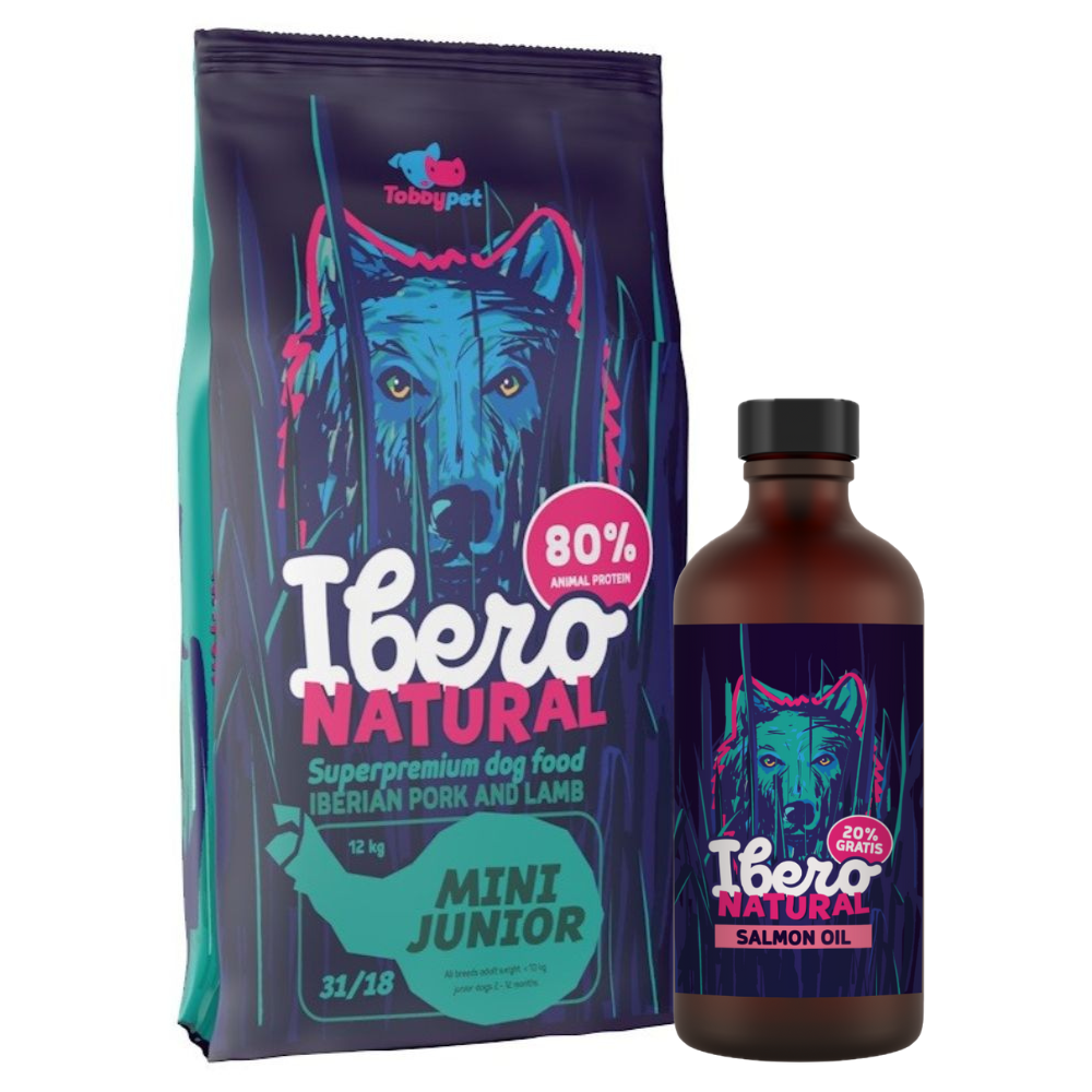 Pakiet dla szczeniąt ras małych: Ibero Mini Junior + Olej z łososia Ibero Natural