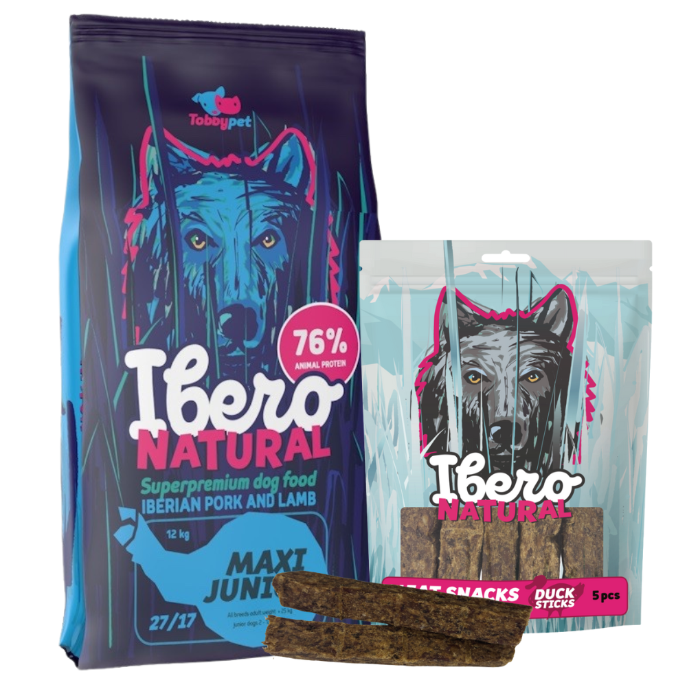 Pakiet dla szczeniąt ras dużych: Ibero Maxi Junior + Mięsny Przysmak z Kolagenem
