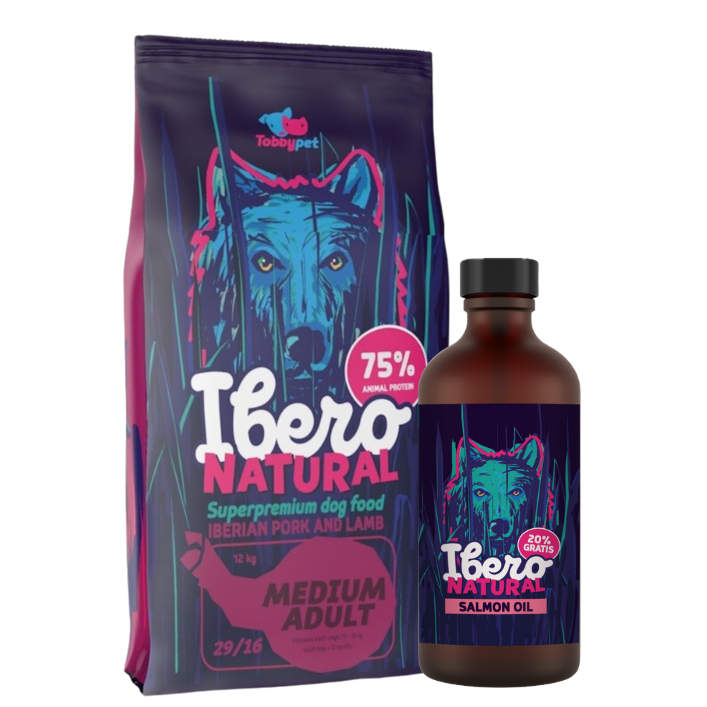 Pakiet dla psów dorosłych ras średnich: Ibero Medium Adult + Olej z łososia Ibero Natural