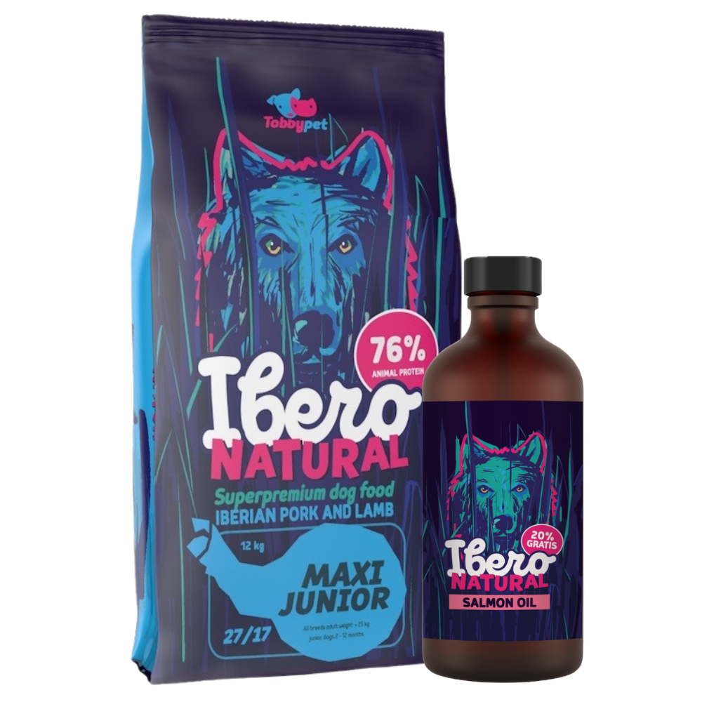 Pakiet dla szczeniąt ras dużych: Ibero Maxi Junior + Olej z łososia Ibero Natural