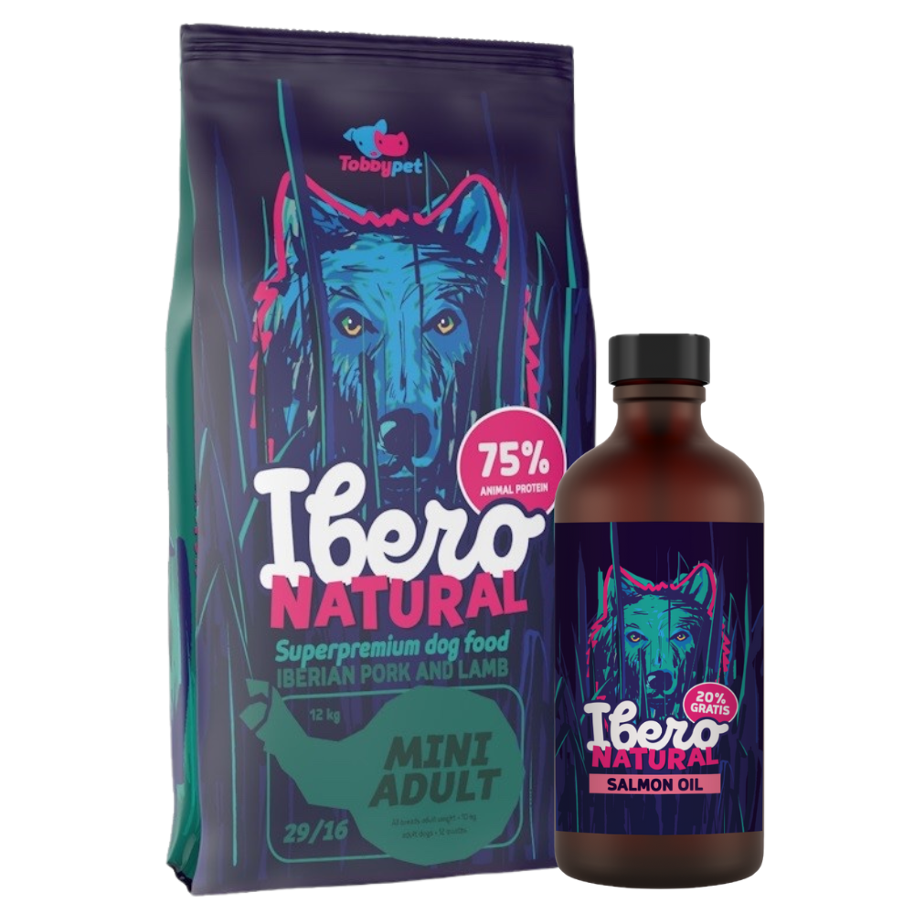 Pakiet dla dorosłych psów ras małych: Ibero Mini Adult + Olej z łososia Ibero Natural