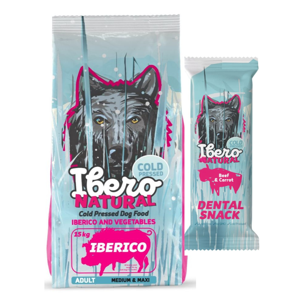 Pakiet dla dorosłych psów średnich i dużych: Ibero Cold Press Adult Iberico + Przysmak dentystyczny z wołowiną i marchewką