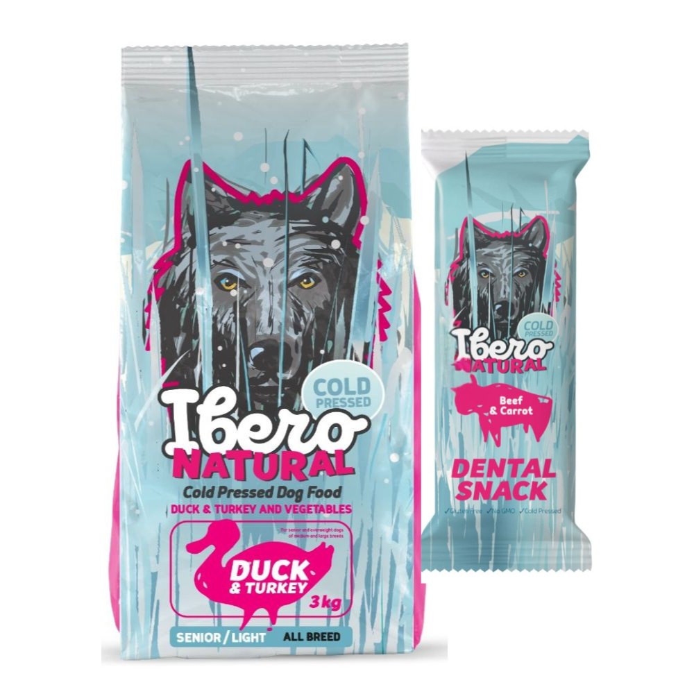 Pakiet dla psów starszych i z nadwagą: Ibero Cold Press Senior Duck/Turkey + Przysmak dentystyczny z wołowiną i marchewką