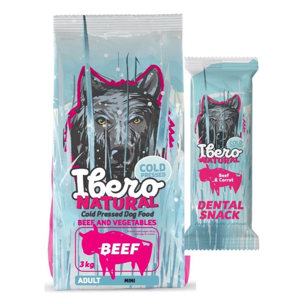 Pakiet dla dorosłych psów małych ras: Ibero Cold Press Small Beef + Przysmak dentystyczny z wołowiną i marchewką