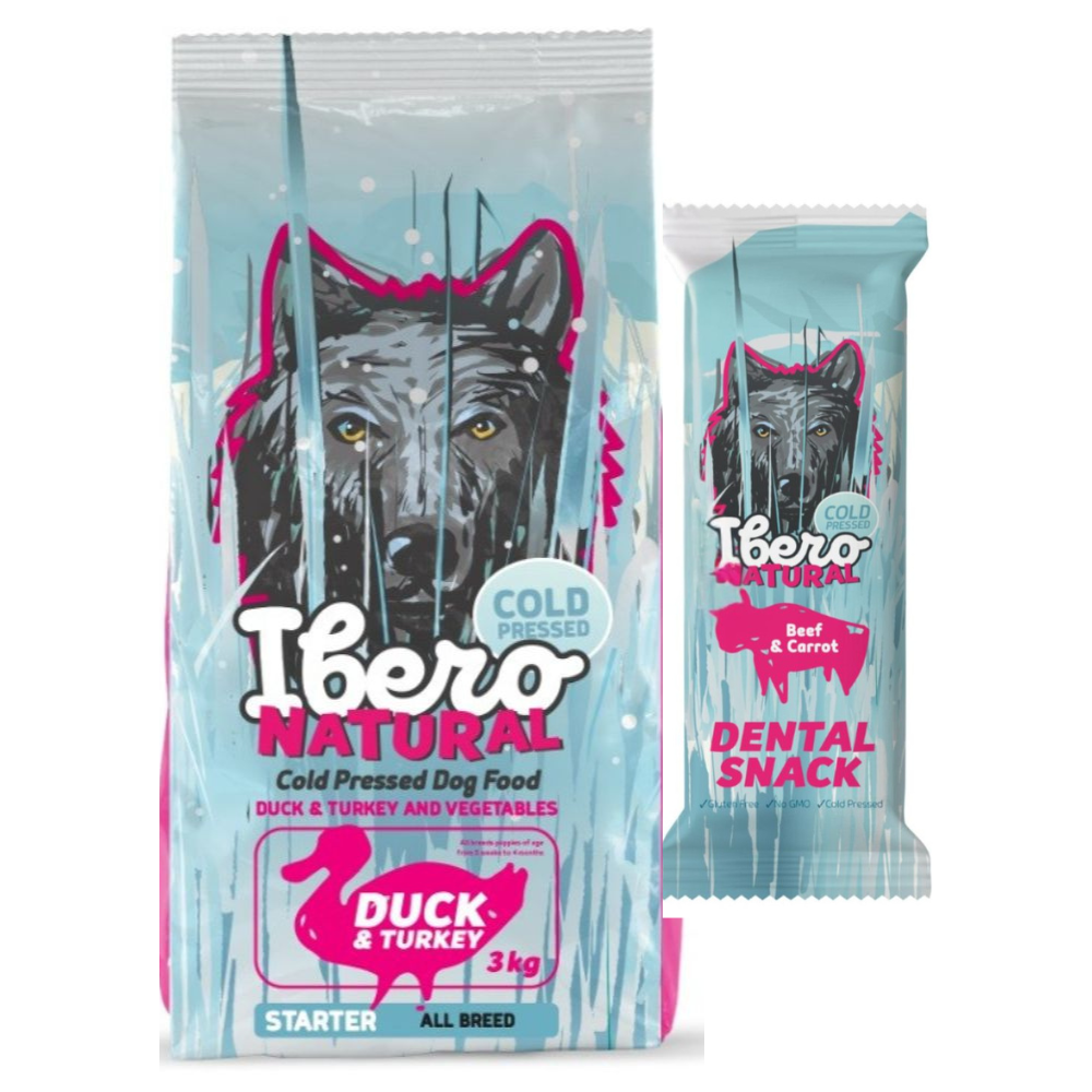 Pakiet dla szczeniąt wszystkich ras: Ibero Cold Press Starter/Puppy Duck & Turkey + Przysmak dentystyczny z wołowiną i marchewką