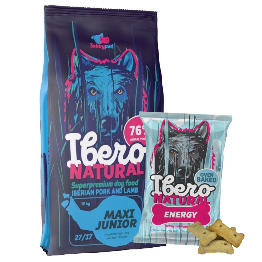 Pakiet dla szczeniąt ras dużych i olbrzymich: Ibero Natural Maxi Junior + Ibero Oven Baked Snack Energy