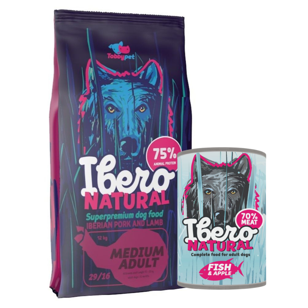 Pakiet dla dorosłych psów średnich ras: Ibero Natural Medium Adult + Ibero Complete Grain Free Fish & Apple