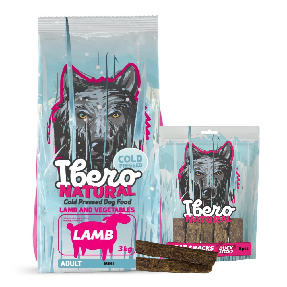 Pakiet dla psów małych ras: Ibero Cold Press Adult Small Lamb + Mięsny przysmak z kolagenem