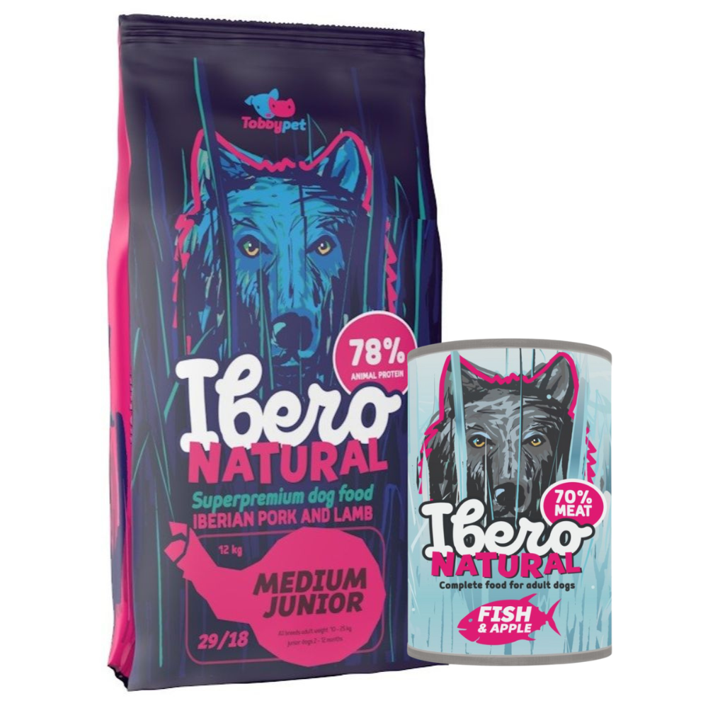 Pakiet dla szczeniąt ras średnich: Ibero Natural Medium Junior + Ibero Complete Grain Free Fish & Apple