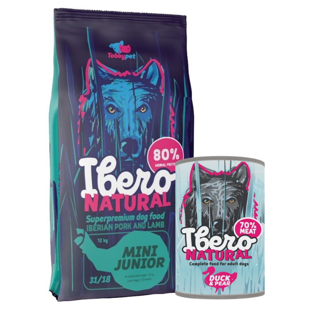 Pakiet dla szczeniąt ras małych: Ibero Natural Mini Junior + Ibero Complete Low Grain Duck & Pear