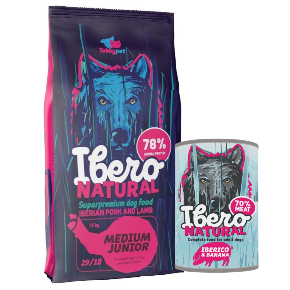 Pakiet dla szczeniąt ras średnich: Ibero Natural Medium Junior + Ibero Complete Grain Free Iberico & Banana