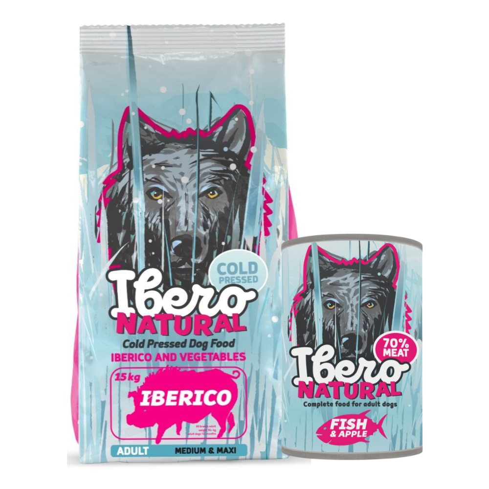 Pakiet dla dorosłych psów średnich i dużych ras: Ibero Cold Press Dog Adult Medium/Large Iberico + Ibero Complete Grain Free Fish & Apple