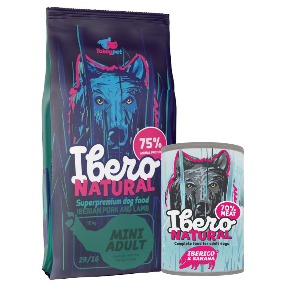 Pakiet dla dorosłych psów ras małych: Ibero Natural Mini Adult + Ibero Complete Grain Free Iberico & Banana 400 g