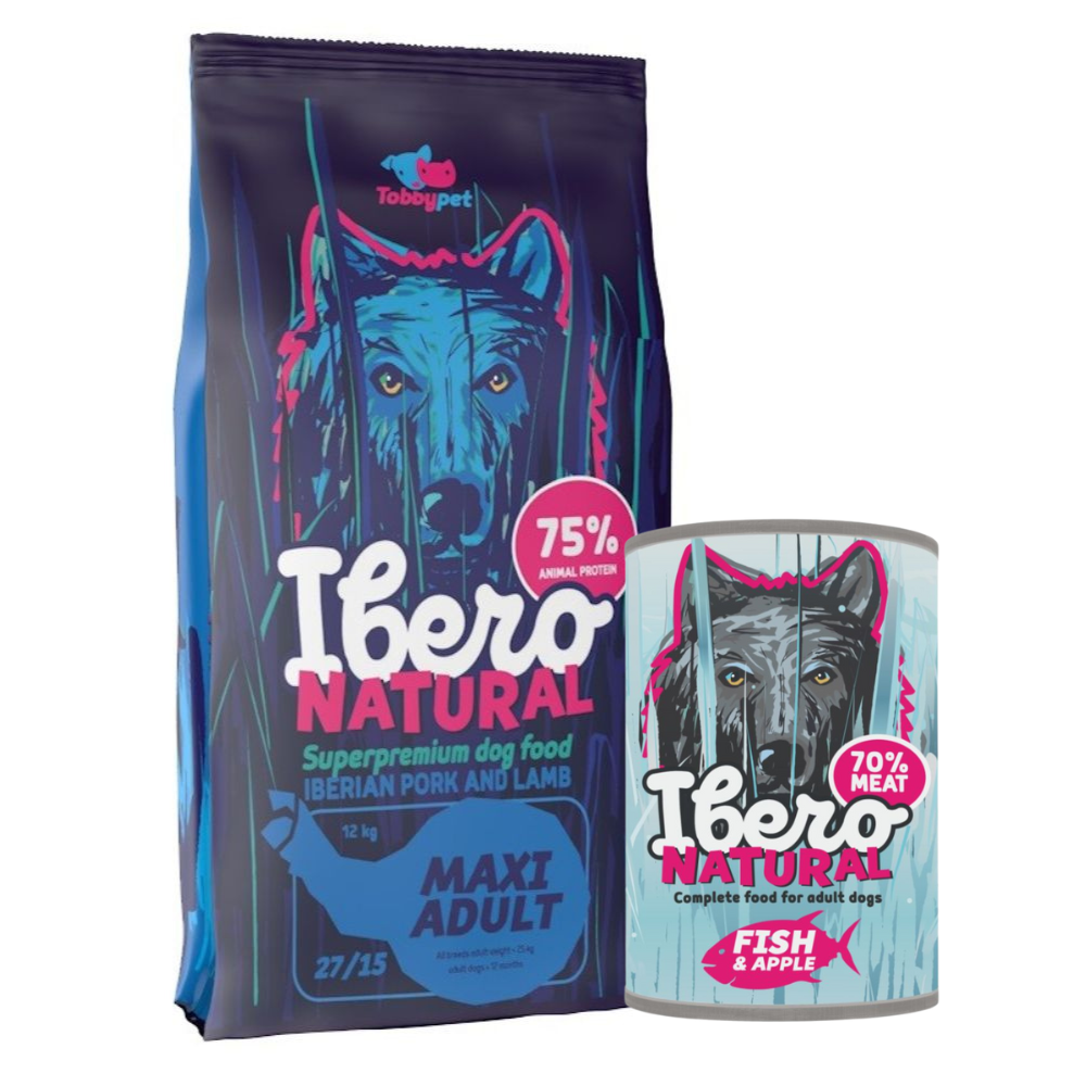 Pakiet dla dorosłych psów ras dużych: Ibero Natural Maxi Adult + Ibero Complete Grain Free Fish & Apple