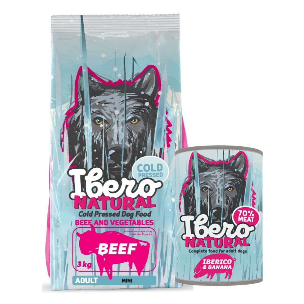 Pakiet dla dorosłych psów małych ras: Ibero Cold Press Dog Adult Small Beef +Ibero Complete Grain Free Iberico & Banana