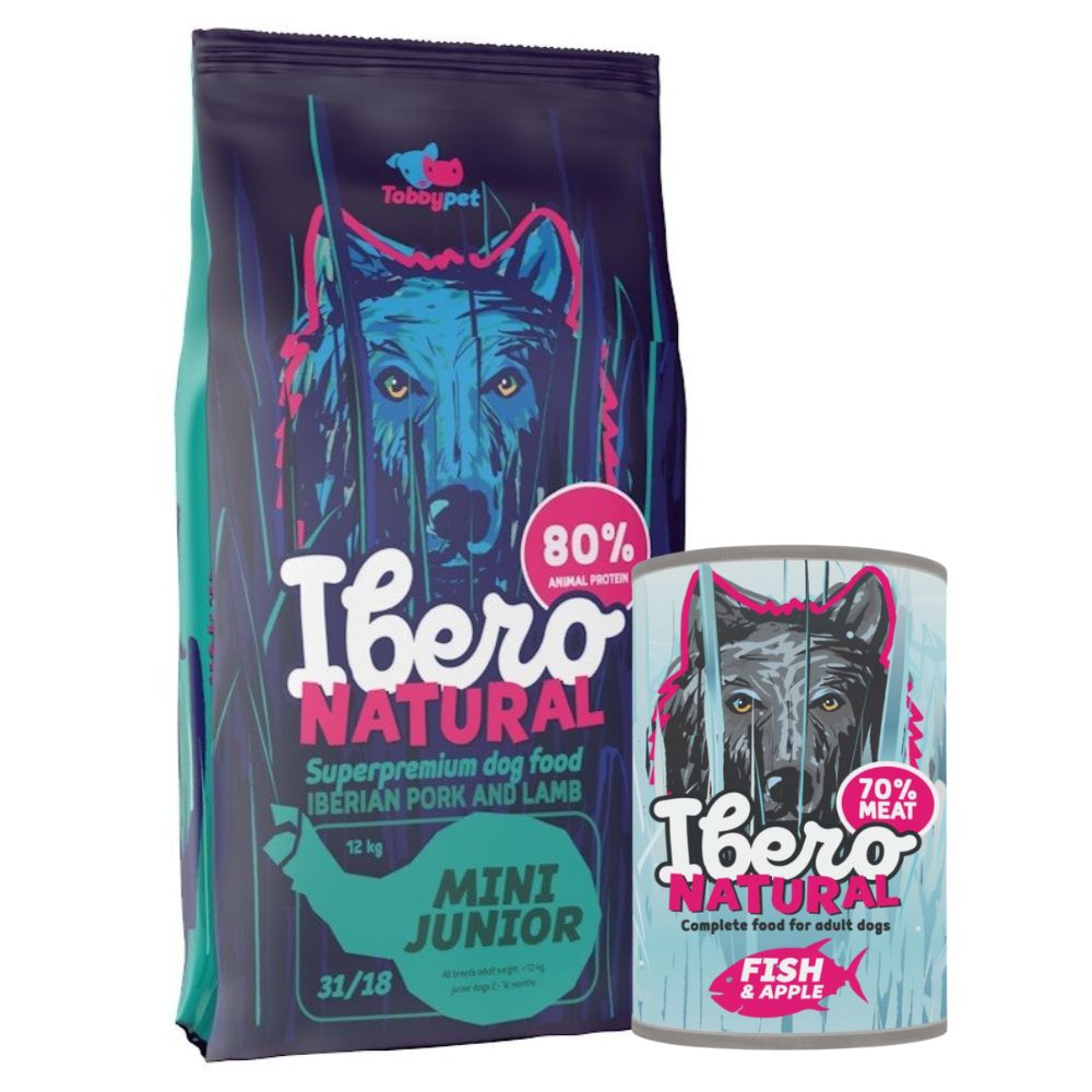Pakiet dla szczeniąt ras małych: Ibero Natural Mini Junior +Ibero Complete Grain Free Fish & Apple