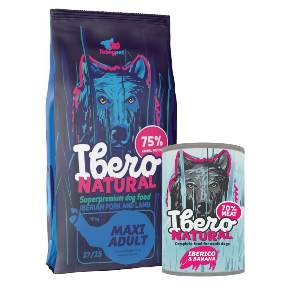 Pakiet dla dorosłych psów ras dużych: Ibero Natural Maxi Adult + Ibero Complete Grain Free Iberico & Banana