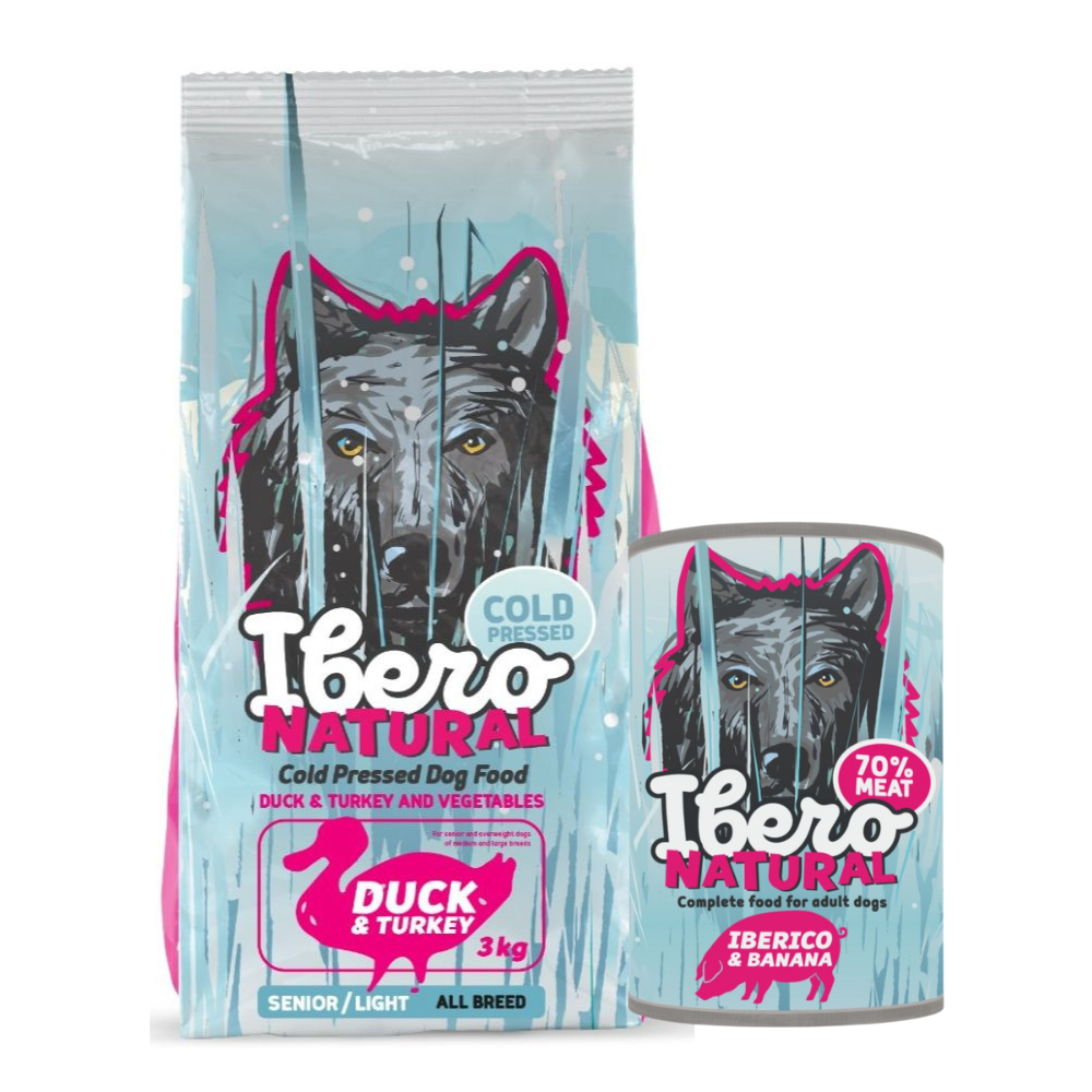 Pakiet dla psów starszych oraz z nadwagą: Ibero Cold Press Dog Senior Duck/Turkey + Ibero Complete Grain Free Iberico & Banana
