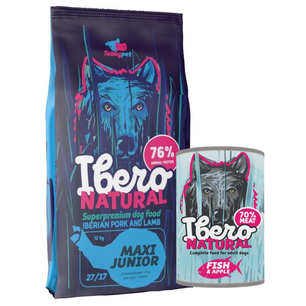 Pakiet dla szczeniąt ras dużych i olbrzymich: Ibero Natural Maxi Junior + Ibero Complete Grain Free Fish & Apple