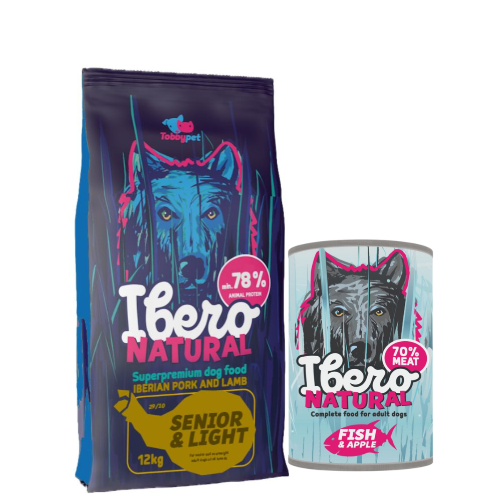 Pakiet dla psów starszych i z nadwagą: Ibero Natural Dog Senior&Light +Ibero Complete Grain Free Fish & Apple