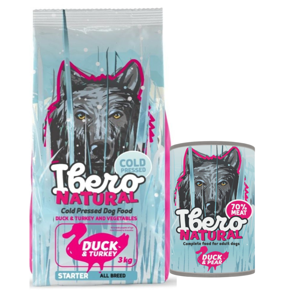 Pakiet dla szczeniąt wszystkich ras: Ibero Cold Press Dog Starter/Puppy Duck & Turkey + Ibero Complete Low Grain Duck & Pear