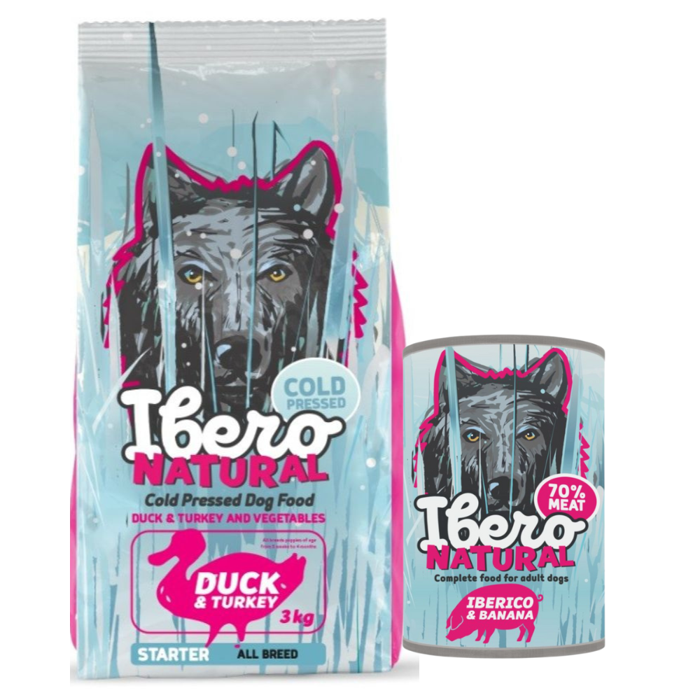 Pakiet dla szczeniąt wszystkich ras: Ibero Cold Press Dog Starter/Puppy Duck & Turkey + Ibero Complete Grain Free Iberico & Banana