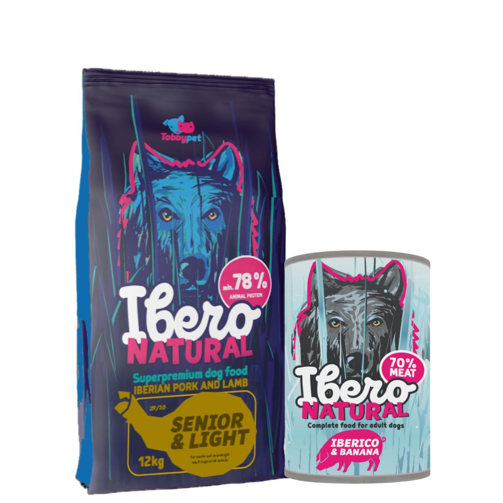 Pakiet dla psów starszych i z nadwagą: Ibero Natural Dog Senior&Light + Ibero Complete Grain Free Iberico & Banana