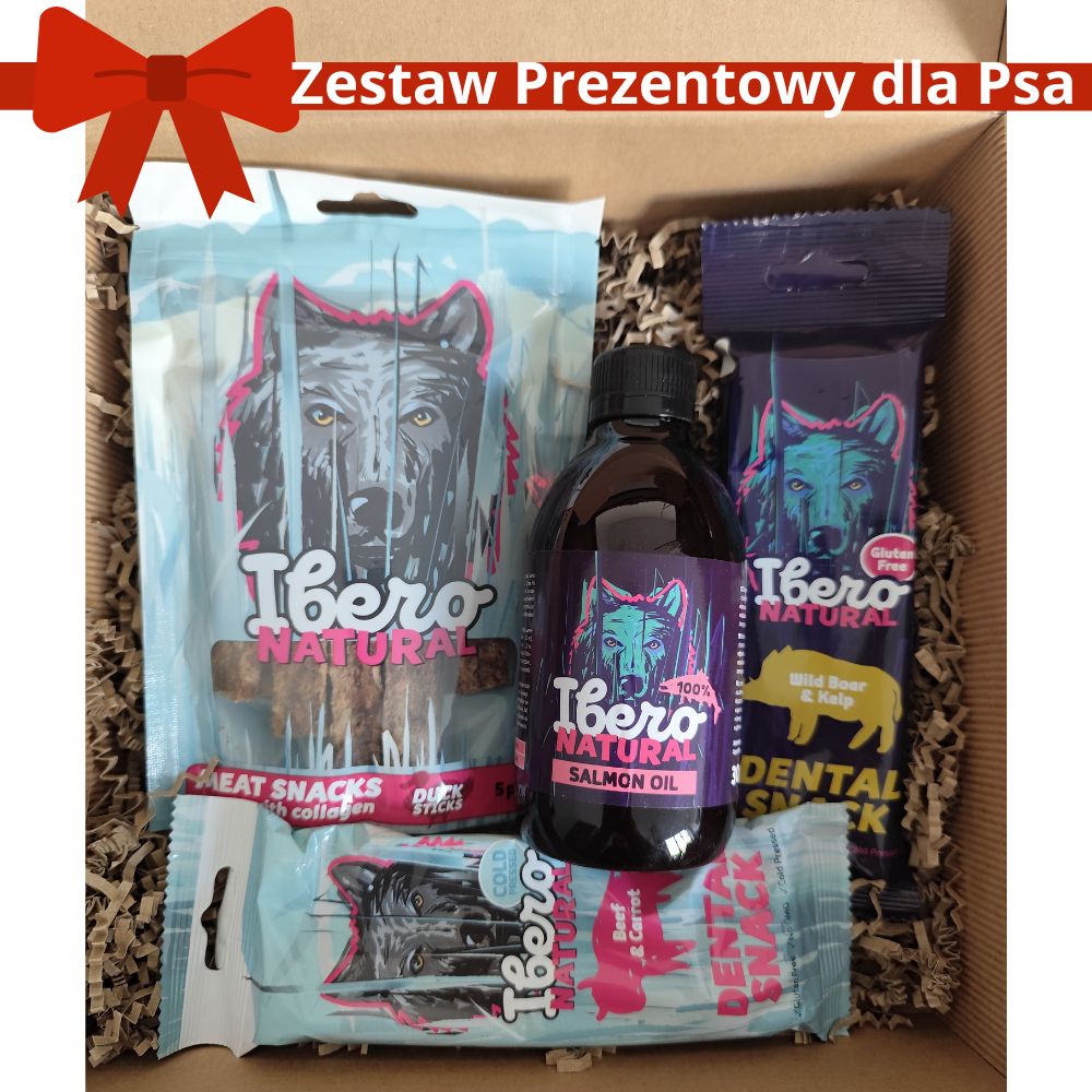 Zestaw Prezentowy dla Psa No.3 – Ibero Natural Care Box – zdrowe przysmaki i olej z łososia